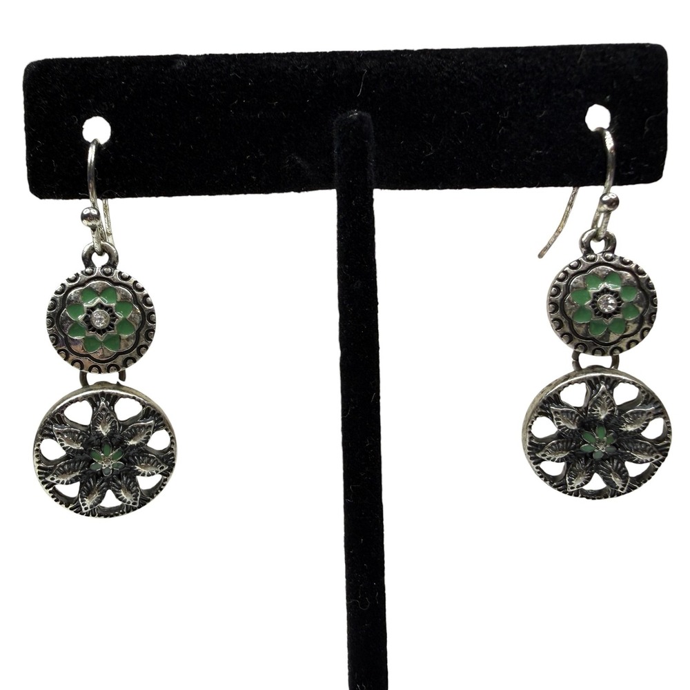 Fashion Dangle Drop Earrings Silver Tone Green Enamel Filigree Flower Fish Hooks